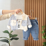 Boys Blue Striped Long Sleeve Shirt With T-shirt & Denims Pants Set