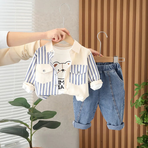 Boys Blue Striped Long Sleeve Shirt With T-shirt & Denims Pants Set Sets Blue 1-2 Y