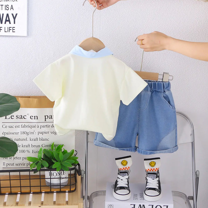 Boys Beige Bear Print Polo T-Shirt With Denim Shorts Sets Sets