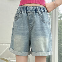 Girls Light Blue Bow Embroidered Denim Shorts Shorts