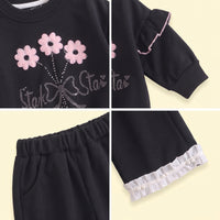 Girls Black Embellished Sweatshirt & Pants Sets Sets