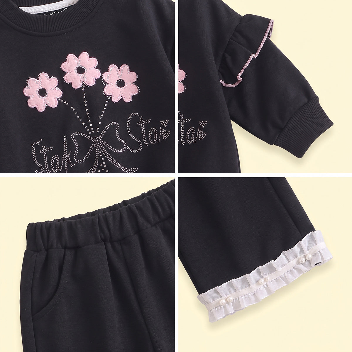 Girls Black Embellished Sweatshirt & Pants Sets Sets