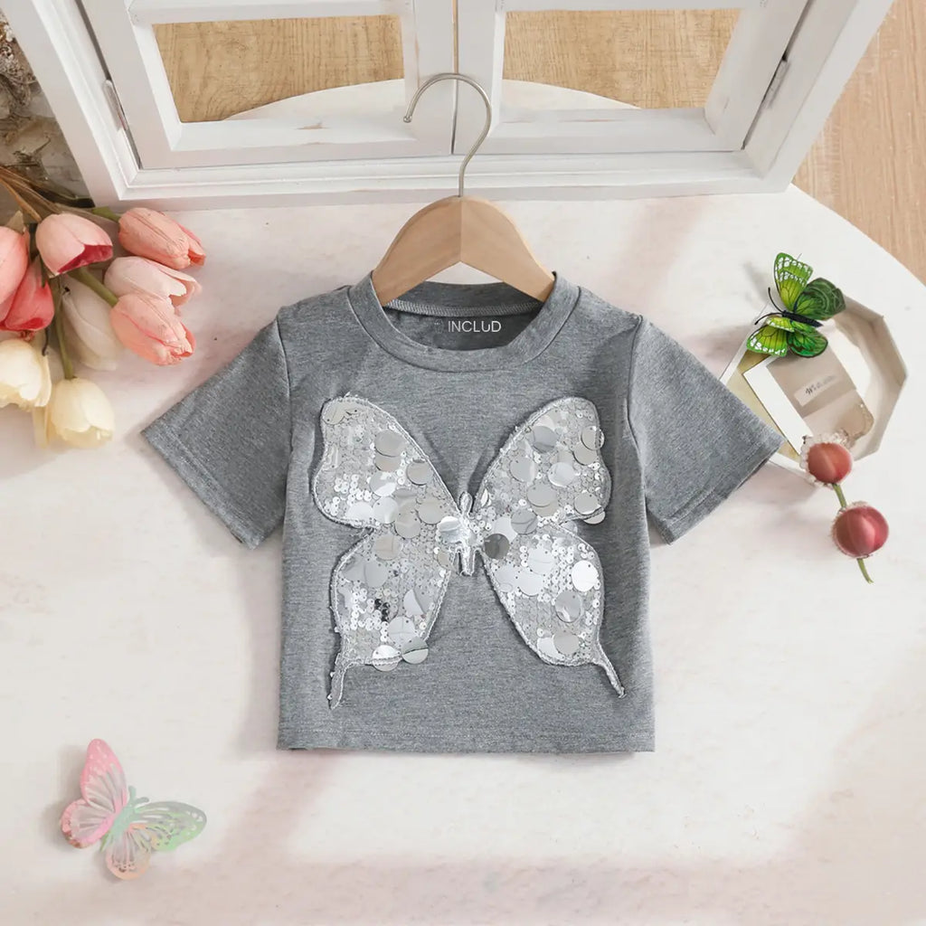 Girls Grey Butterfly Applique T-Shirt With Denim Skirt Sets Sets