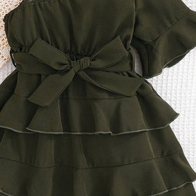 Girls Olive Green One Shoulder Ruffle Layered Dress Casual Dresses
