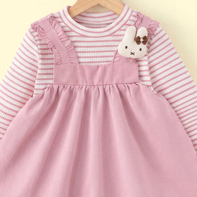 Girls Pink Striped Long Sleeve Balloon Dress Casual Dresses