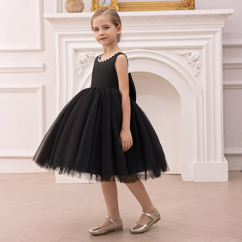 Girls Black Duchess Satin with Beaded Neck Tulle Overlay Party Dress Party Dresses