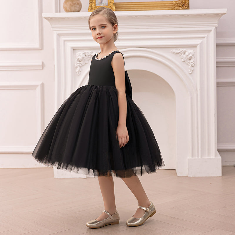 Girls Black Duchess Satin with Beaded Neck Tulle Overlay Party Dress Party Dresses