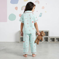 Girls Sky Blue Typographic Printed Short Sleeve Shirt With Printed Pyjama Sets Sets
