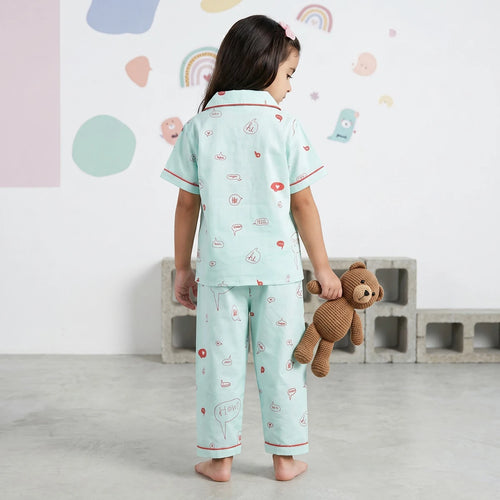 Girls Sky Blue Typographic Printed Short Sleeve Shirt With Printed Pyjama Sets Sets
