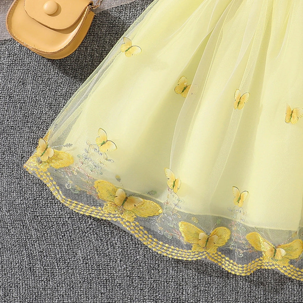 Girls Yellow Butterfly Applique Flutter Sleeve Fit & Flare Party Dress Party Dresses