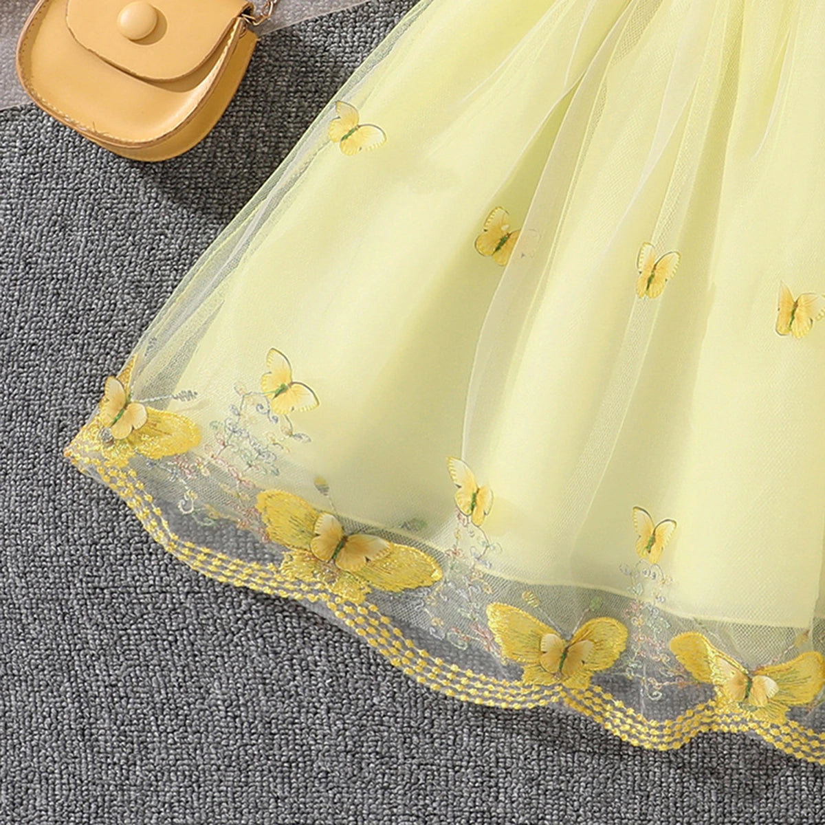 Girls Yellow Butterfly Applique Flutter Sleeve Fit & Flare Party Dress Party Dresses