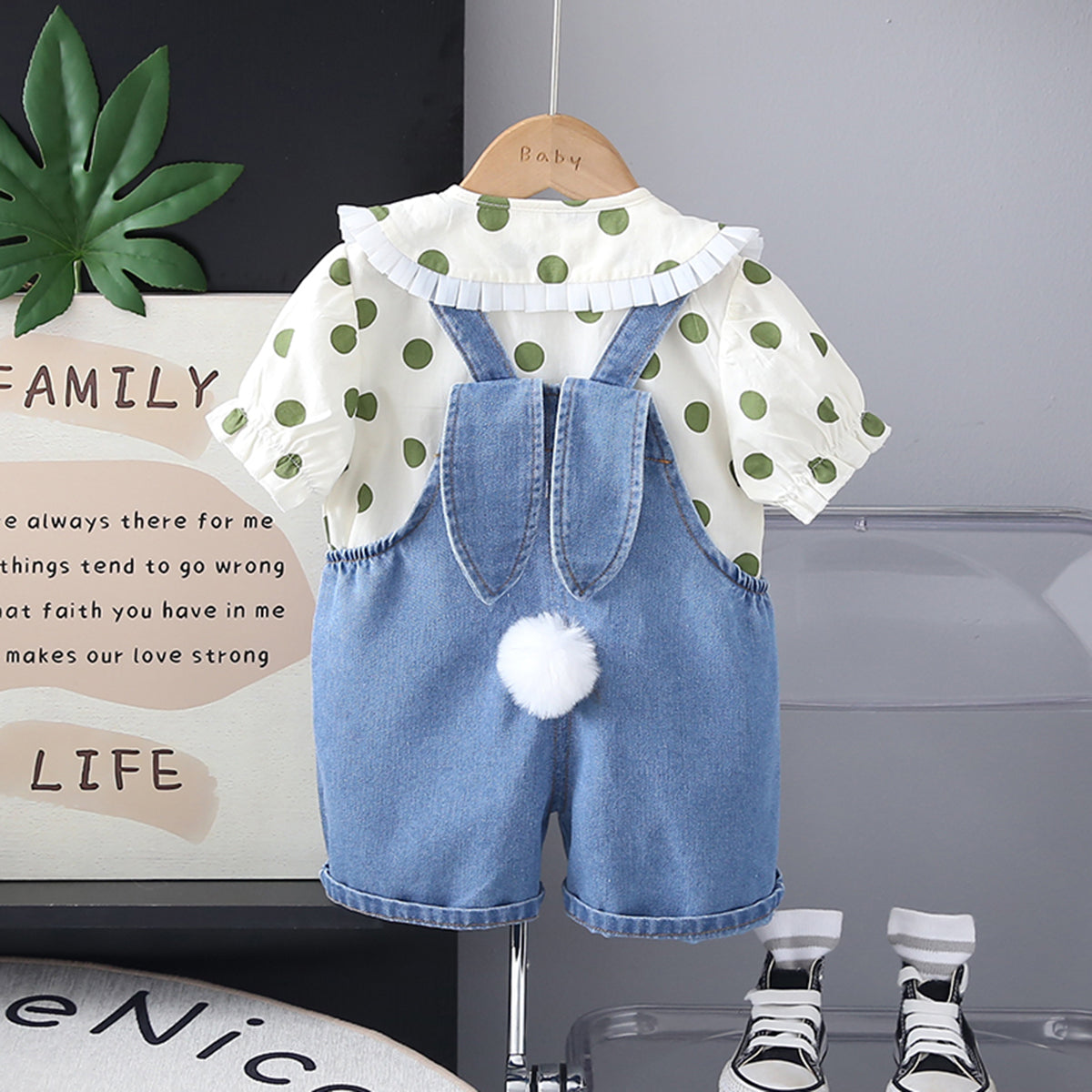 Girls Green Polk Dot Printed Puff Sleeves Top With Denim Dungaree Set 2 pc. Sets
