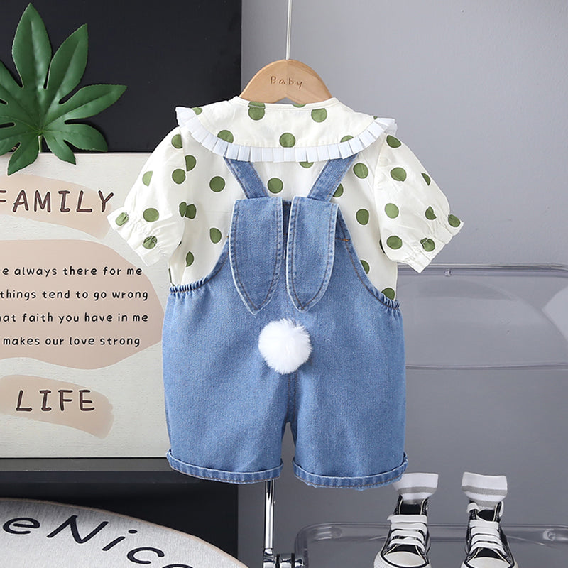 Girls Green Polk Dot Printed Puff Sleeves Top With Denim Dungaree Set 2 pc. Sets