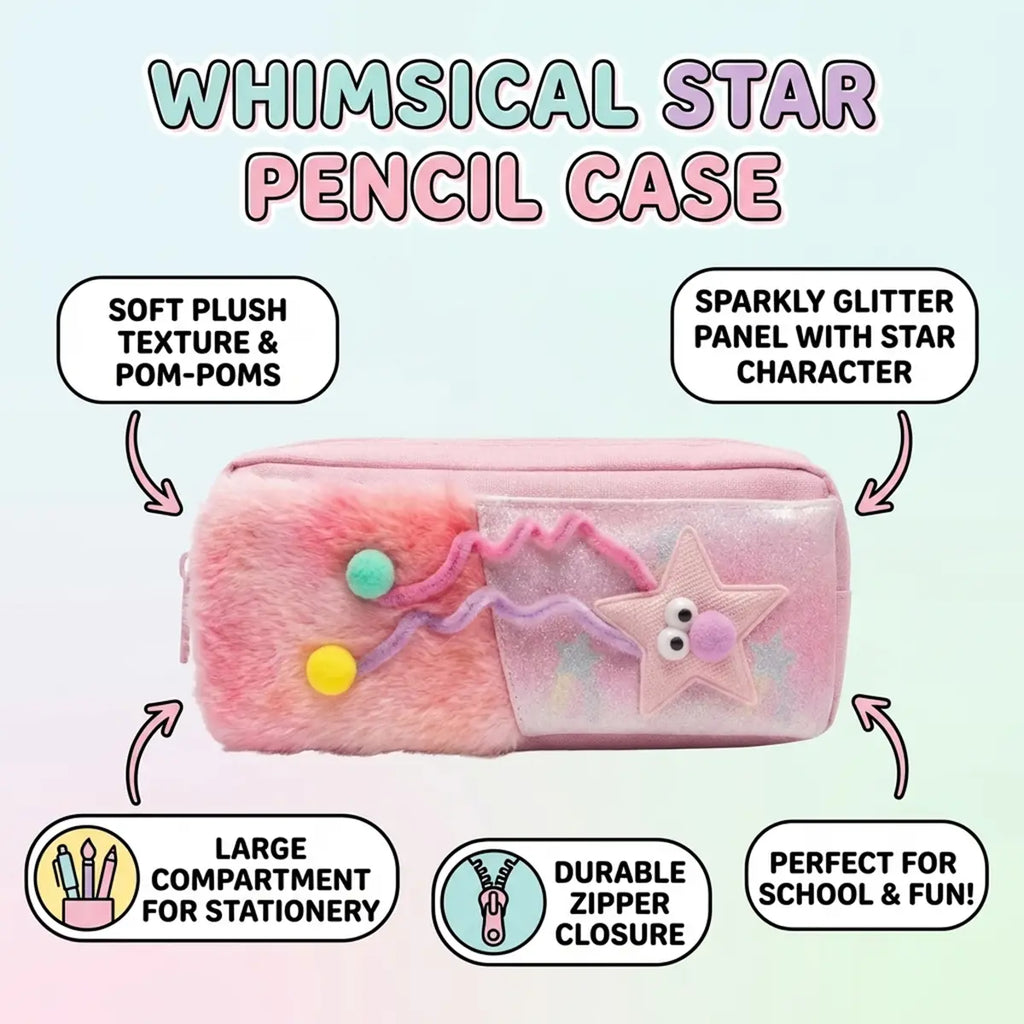 Girls Cute Fur Pencil Pouch with Star Charm Trending Accessories