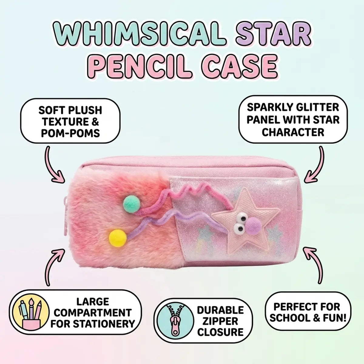 Girls Cute Fur Pencil Pouch with Star Charm Trending Accessories