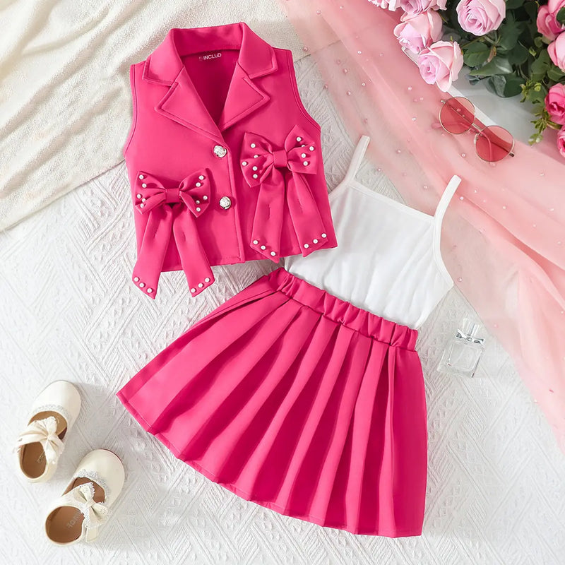 Girls Fuchsia Bow Applique Top With Camisole Top And Pleated Skirt Sets 3 pc. Sets Fuchsia 2-3 Y