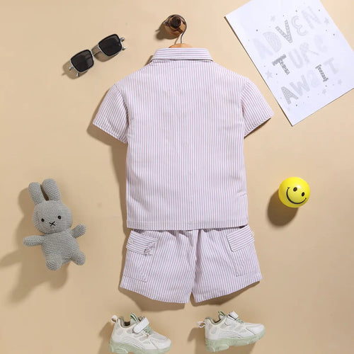 Boys Pink Stripes Short Sleeves Shirt With Printed T-Shirt & Shorts Sets Sets