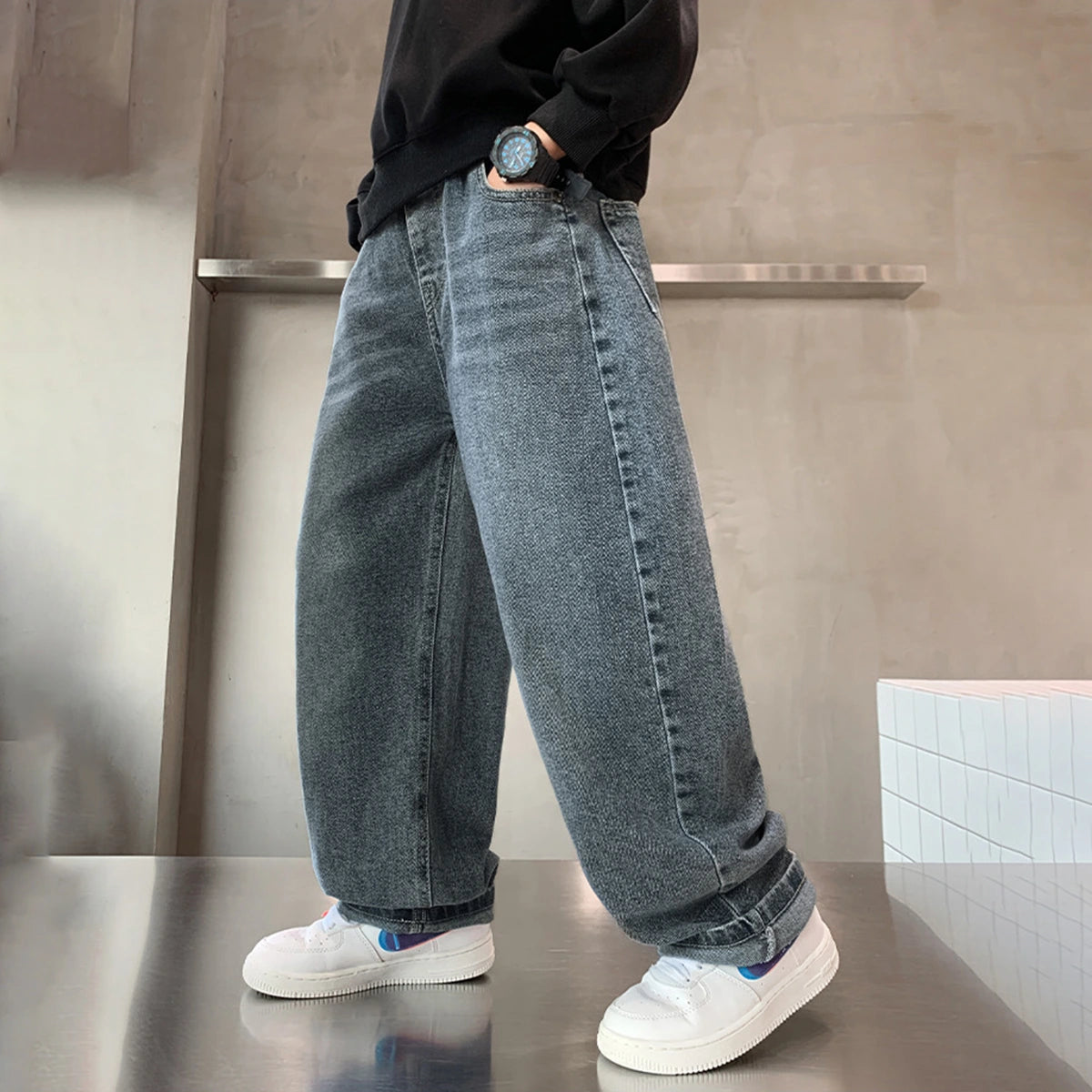Boys Blue Relaxed Fit Wide Leg Denim Jeans with Elasticated Waist Pants