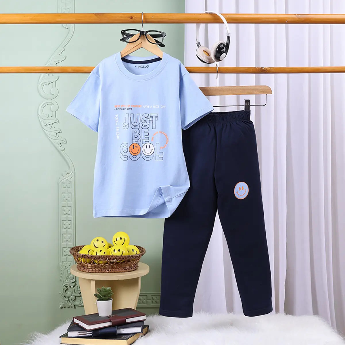 Boys Light Blue Graphics Print T-Shirt With Elasticated Pants Sets Sets Light Blue 2-3 Y