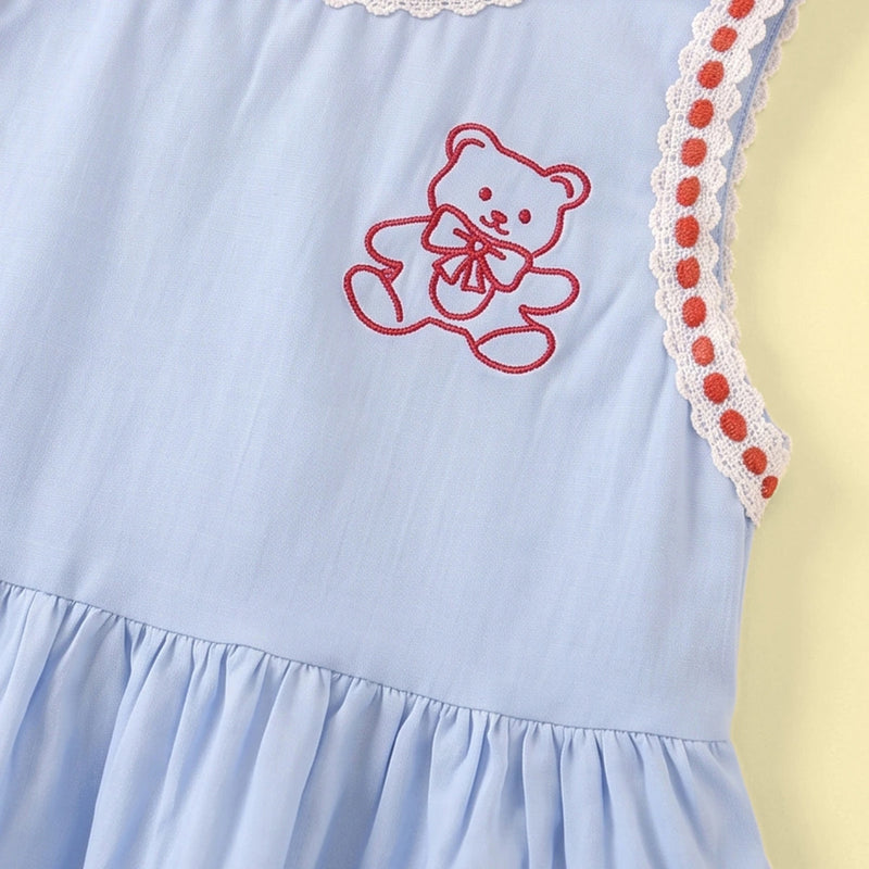 Girls Light Blue Bear Embroidered Sleeveless Top with Pants Sets 2 pc. Sets