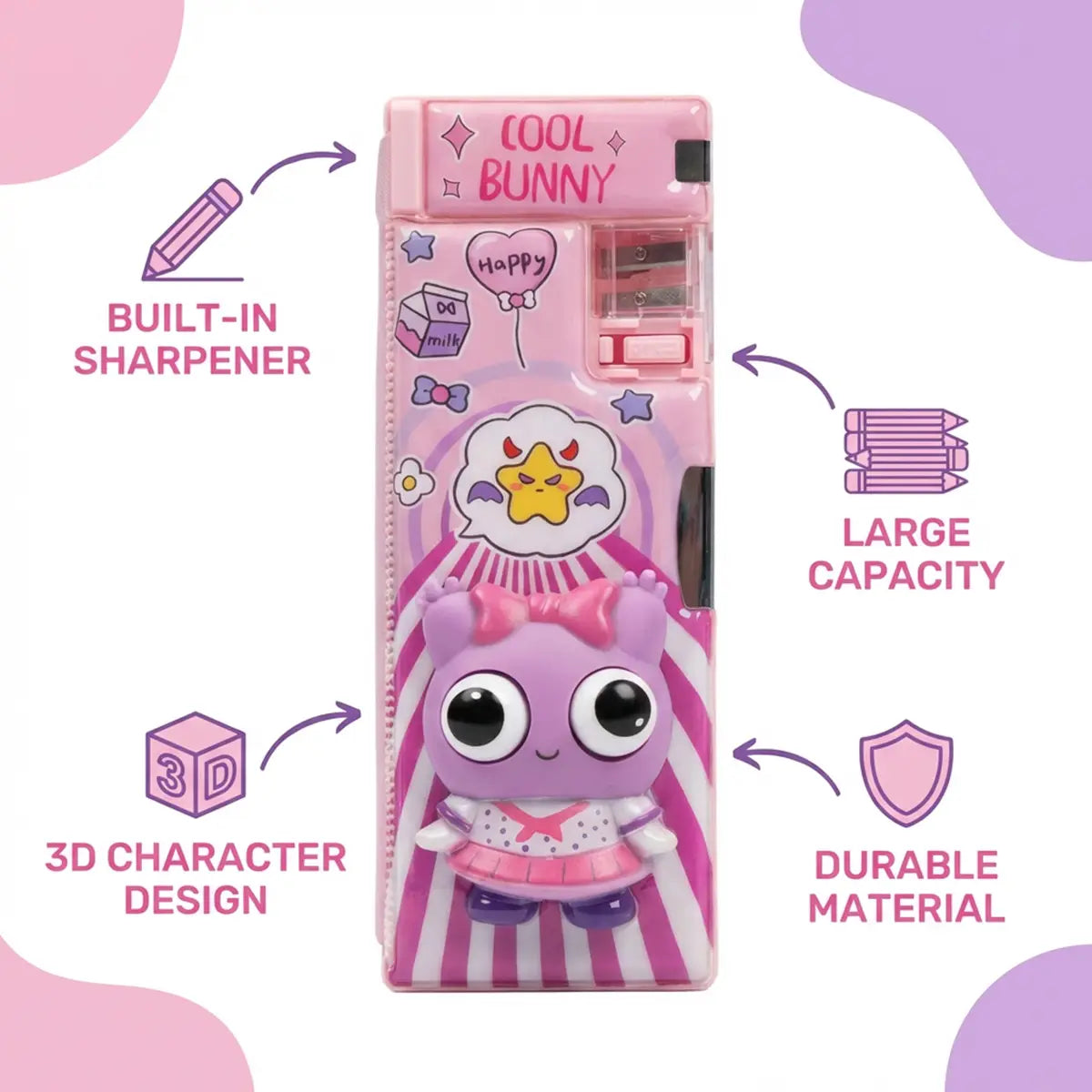 Cute Bunny Cartoon Pencil Case with Built-in Sharpener Trending Accessories