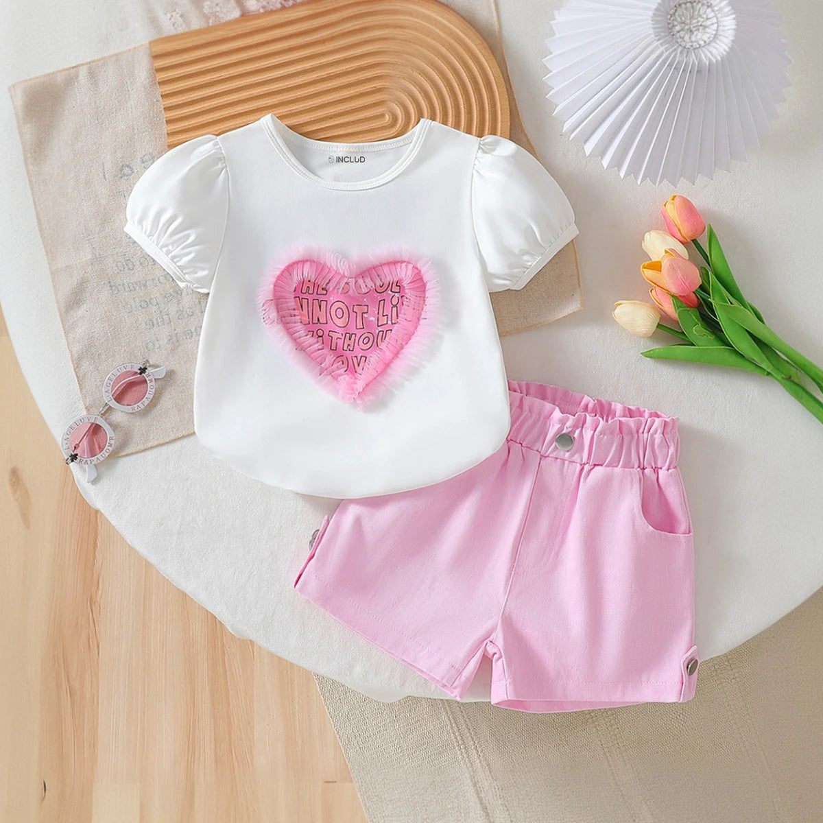 Girls White Heart Applique Puff Sleeves Top With Shorts Set Sets White 3-4 Y