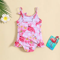 Girls Pink Flamingo Printed Sleeveless Swimwear Bodysuit Beachwear