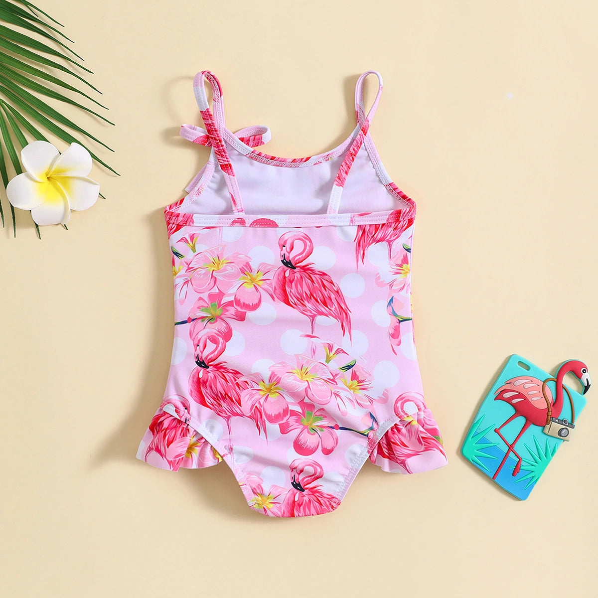 Girls Pink Flamingo Printed Sleeveless Swimwear Bodysuit Beachwear