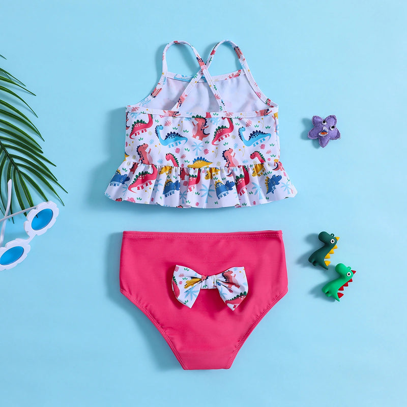 Girls White Dinosaur Printed Peplum Top With Briefs Swimwear Sets Sets