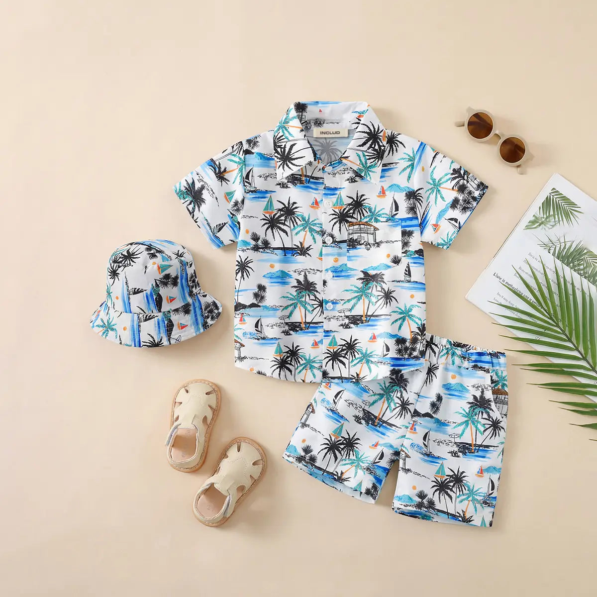 Boys White Tropical Print Button-Down Shirt With Shorts & Hat Co-ord Sets Sets White 2-3 Y