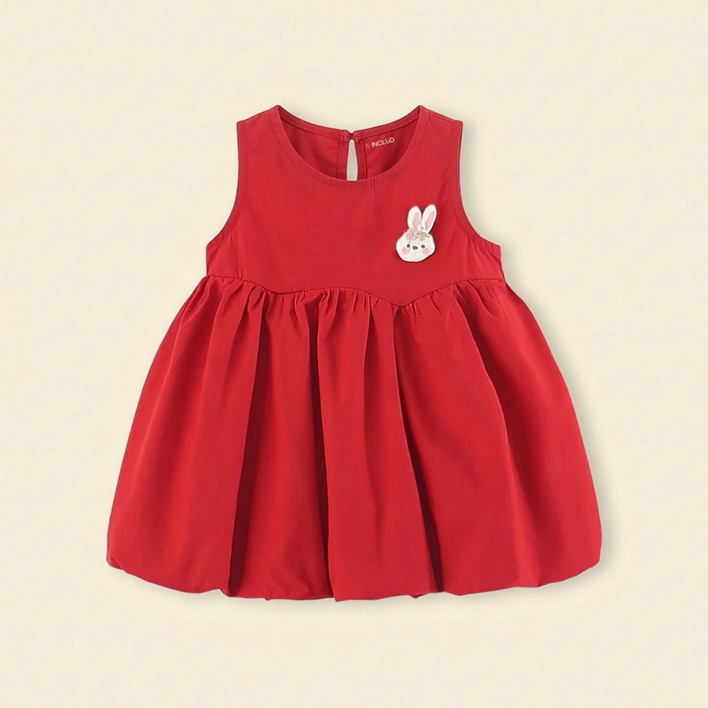 Girls Red Bunny Applique Balloon Dress Casual Dresses