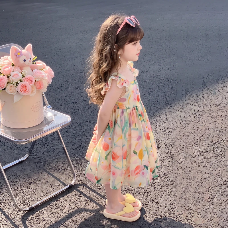 Girls Apricot Floral Print Flutter Sleeve Fit & Flare Dress Casual Dresses