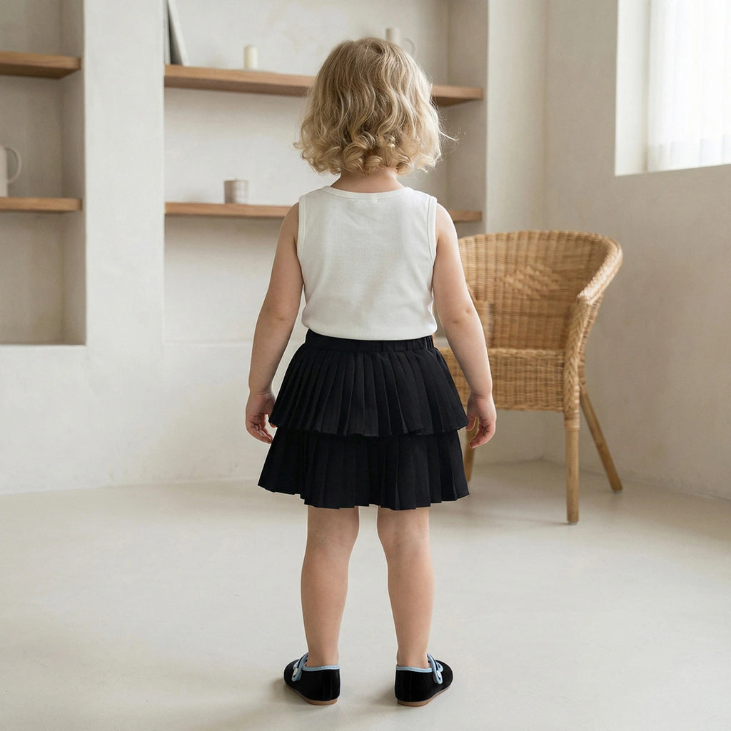 Girls Bow Applique Sleeveless Top With Black Skorts Set Sets