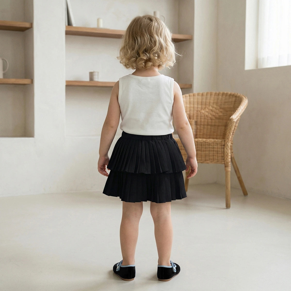Girls Bow Applique Sleeveless Top With Black Skorts Set Sets