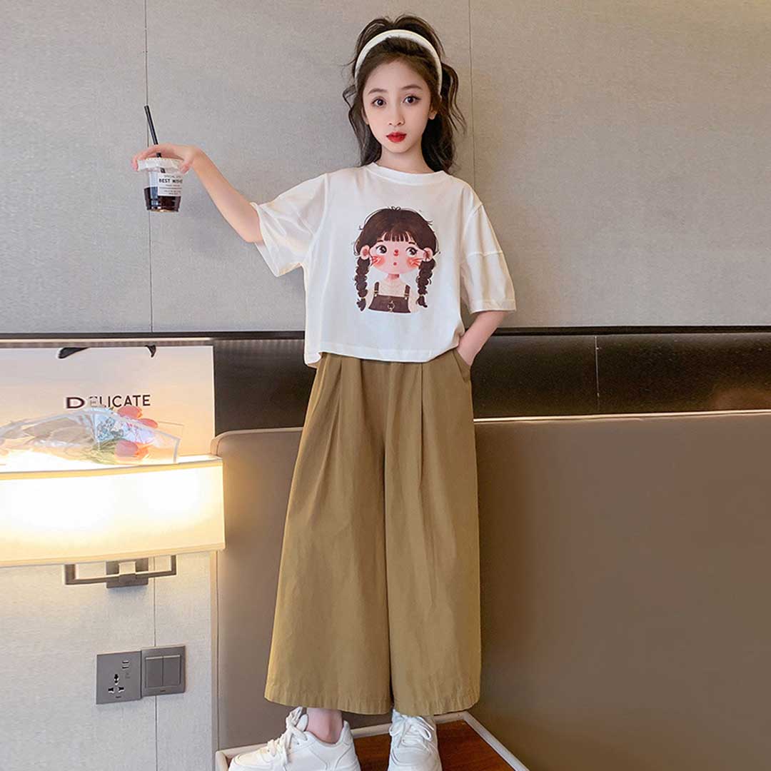 Girls Short Sleeve Graphic T-Shirt With Wide Leg Pants Set Sets   