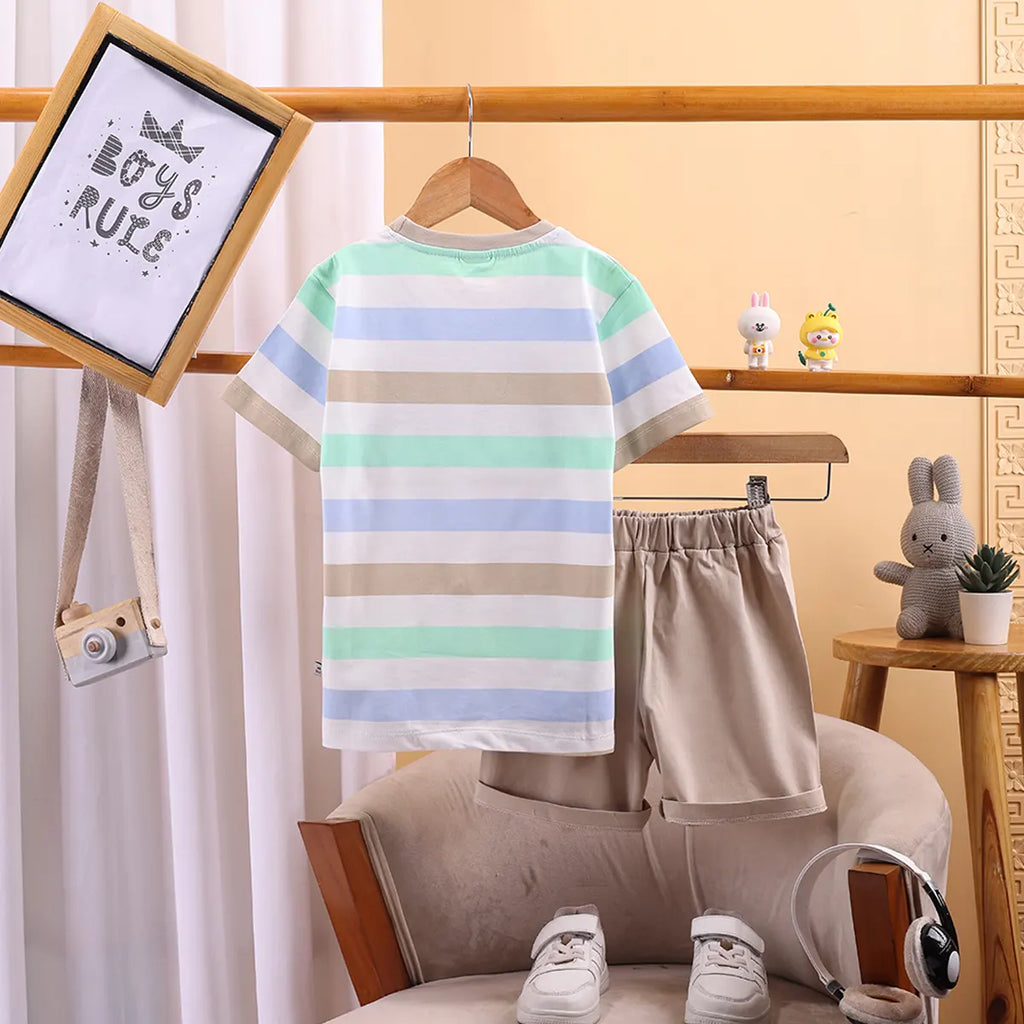 Boys Khaki Stripes and Smiley Printed T-Shirt With Shorts Sets 2 pc. Sets