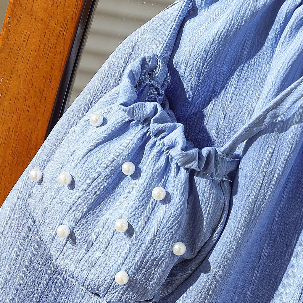 Girls Blue Pearl-Embellished Collar Fit & Flare Dress Casual Dresses