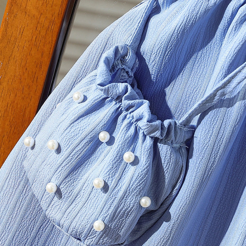 Girls Blue Pearl-Embellished Collar Fit & Flare Dress Casual Dresses