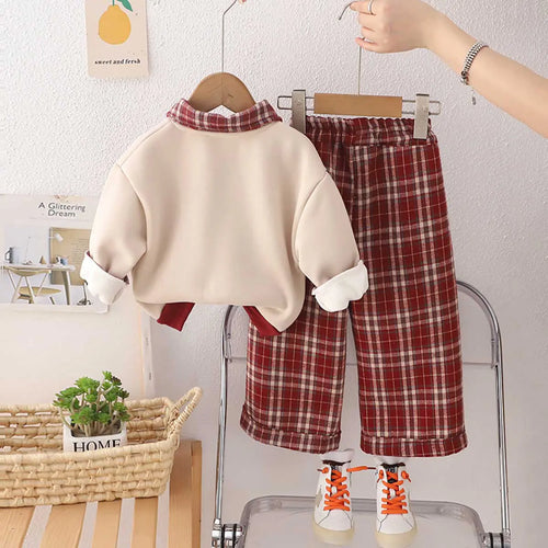 Girls Beige Cat Applique Polo Sweatshirt With Pants Set Sets