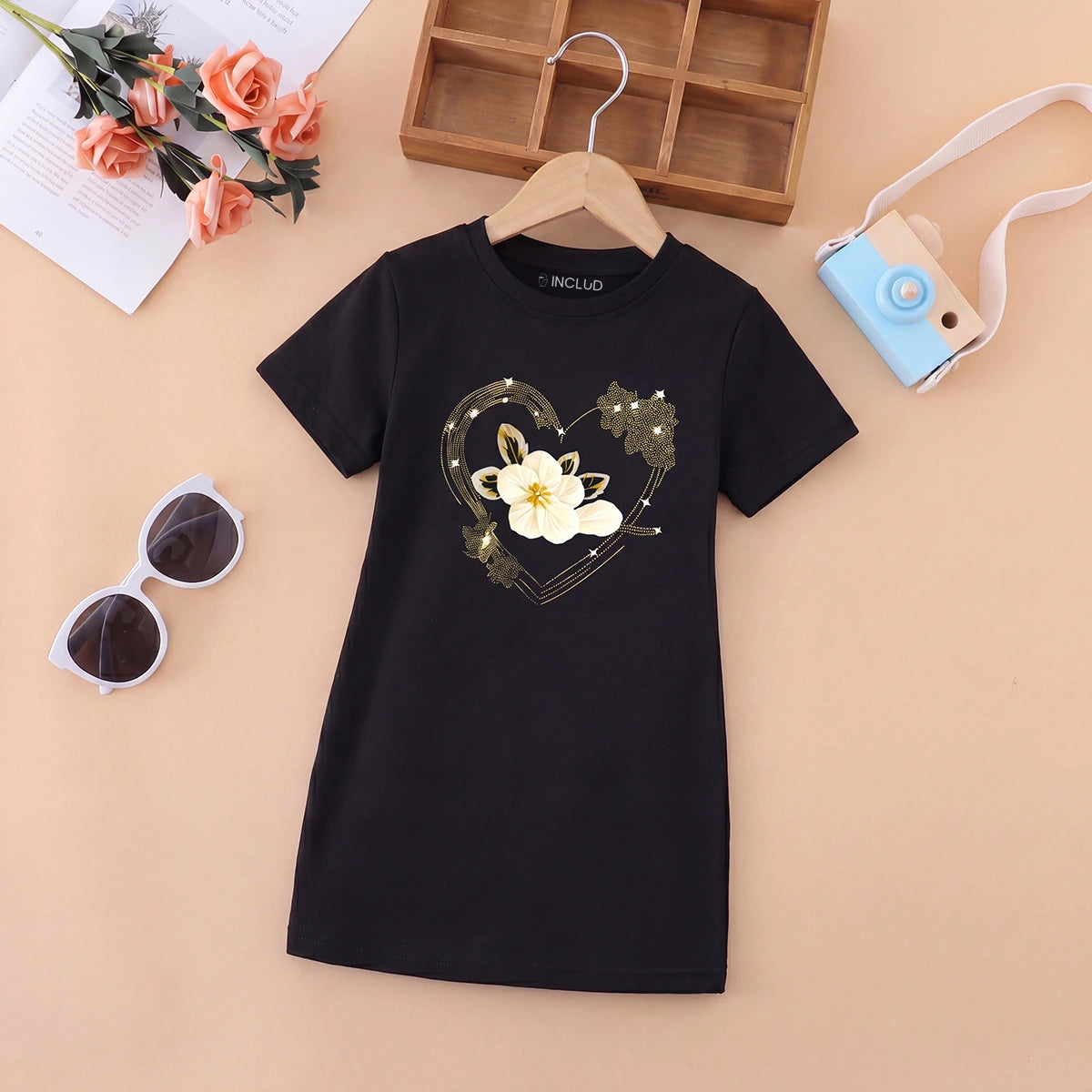 Girls Black Floral Print Short Sleeve T-Shirt Dress Casual Dresses Black 4-5 Y