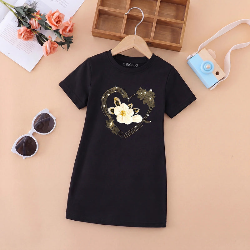 Girls Black Floral Print Short Sleeve T-Shirt Dress Casual Dresses Black 4-5 Y