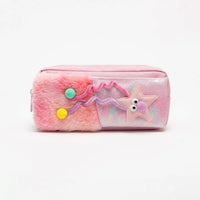 Girls Cute Fur Pencil Pouch with Star Charm Trending Accessories Pink Onesize