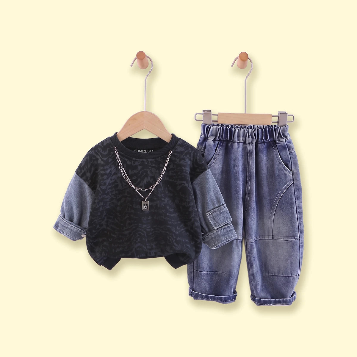 Boys Black Abstract Print Sweatshirt With Denim Pants Sets 2 pc. Sets Black 1-2 Y
