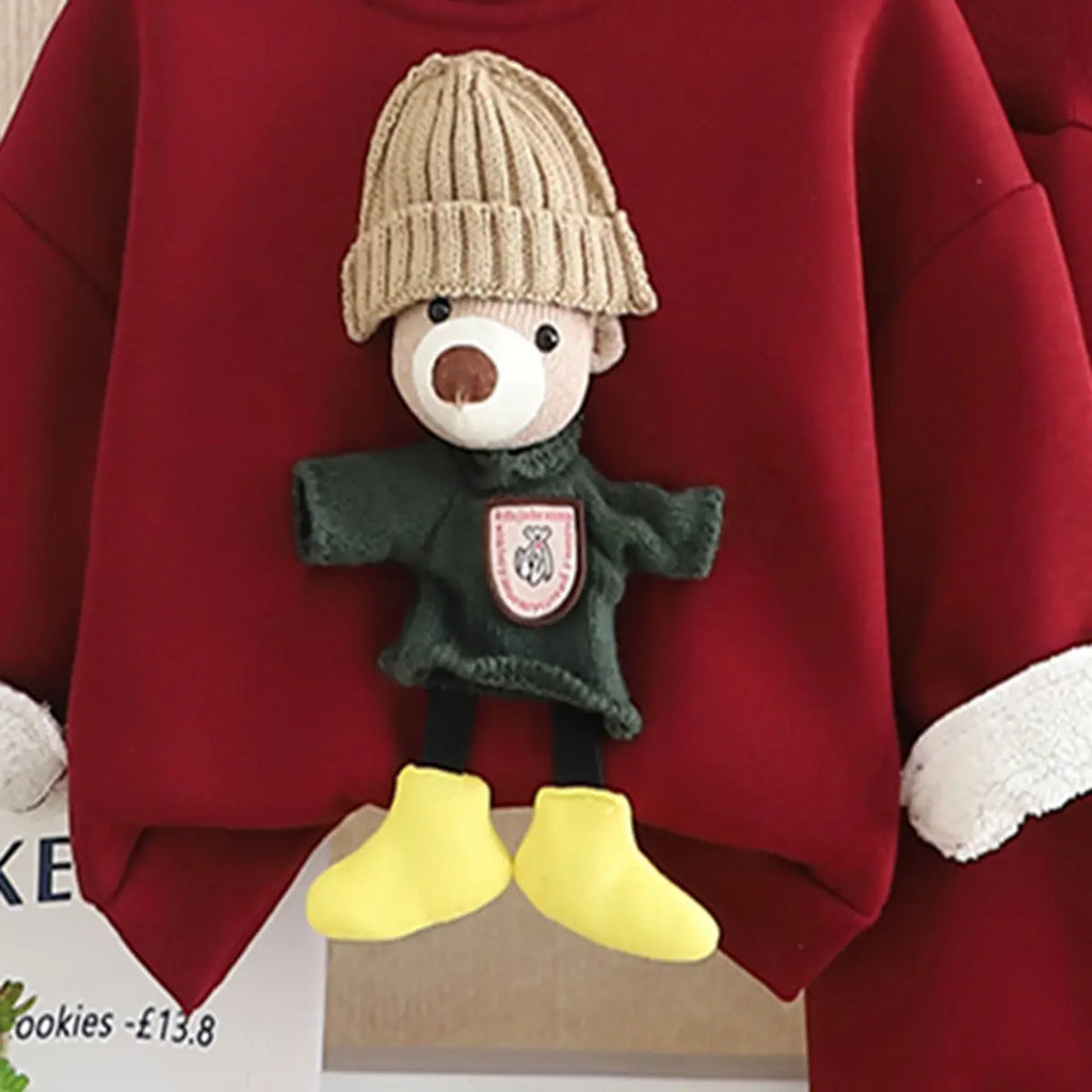 Girls Red 3D Bear Applique Sweatshirt With Jogger Co-ord Sets Sets