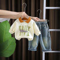 Boys Orange Typographic Printed Sweatshirt With Denim Trousers Set 2 pc. Sets Orange 1-2 Y
