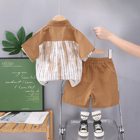 Boys Color-Blocked Striped Shirt With Light Brown Shorts Set 2 pc. Sets