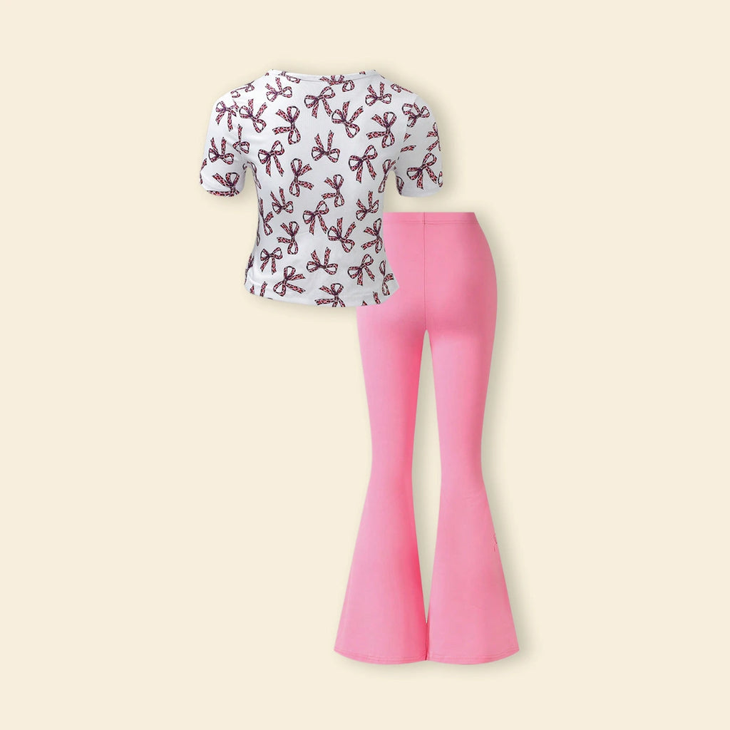 Girls White All-over Bow Print Top With Flared Pants Sets Sets