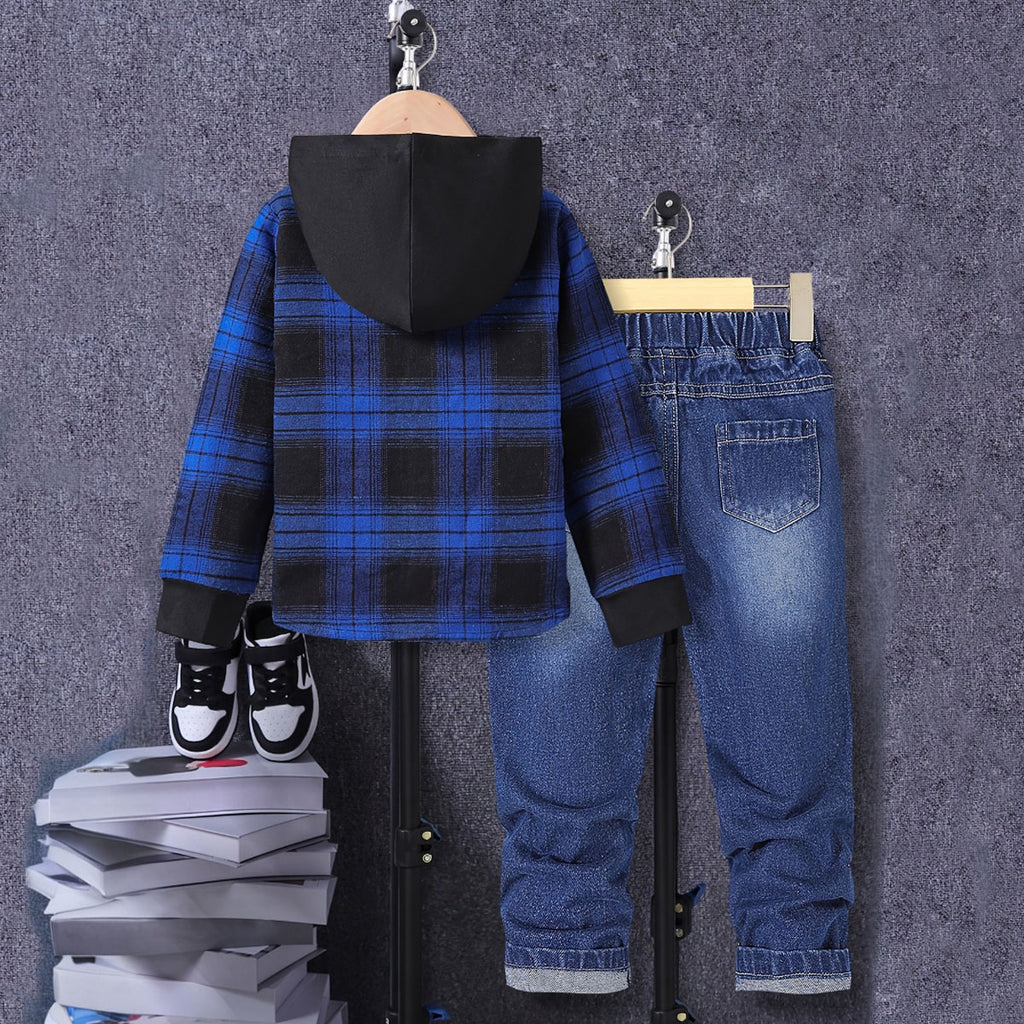 Boys Blue Checked Hooded Shirt With Denim Trousers Sets 2 pc. Sets