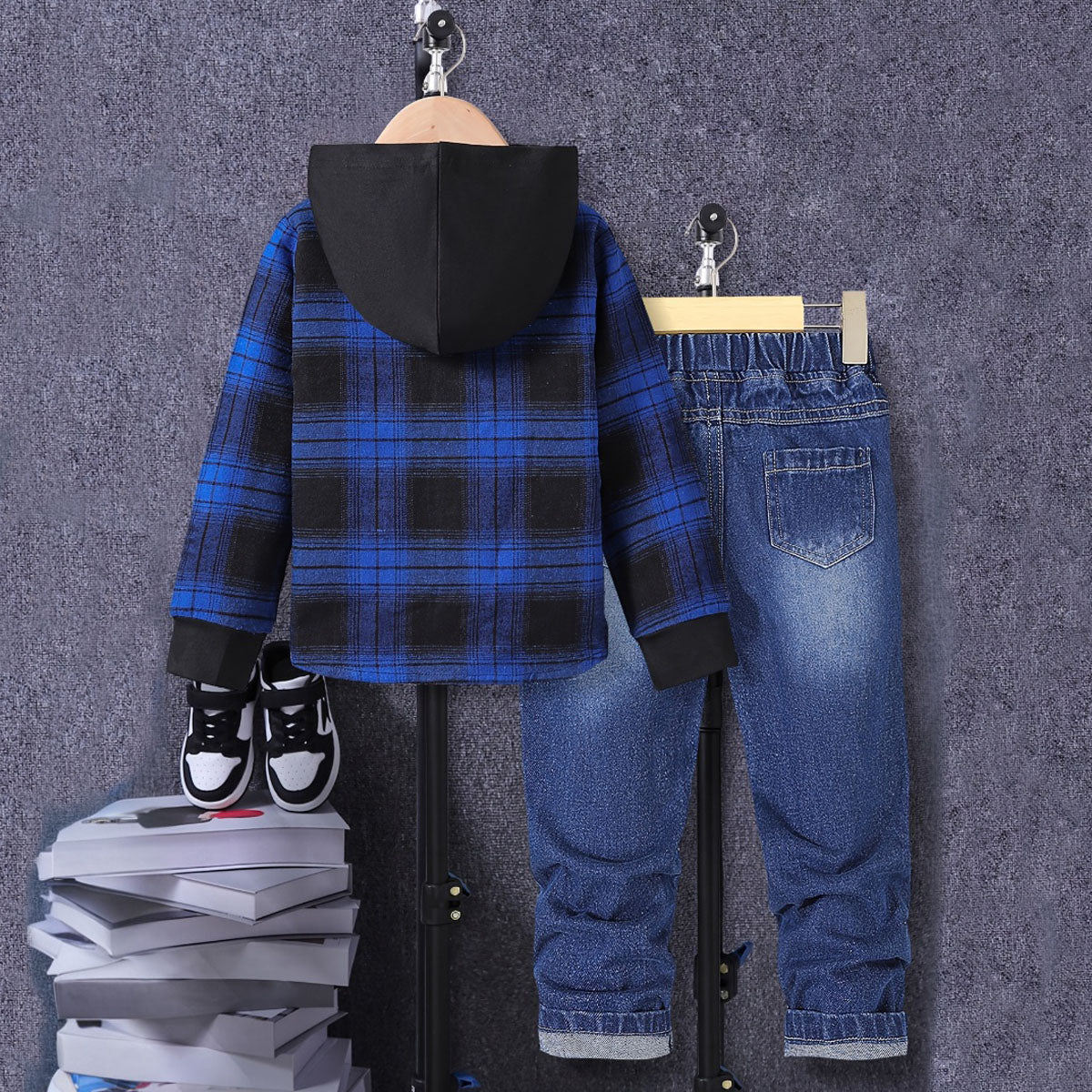 Boys Blue Checked Hooded Shirt With Denim Trousers Sets 2 pc. Sets