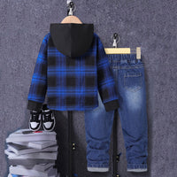 Boys Blue Checked Hooded Shirt With Denim Trousers Sets 2 pc. Sets